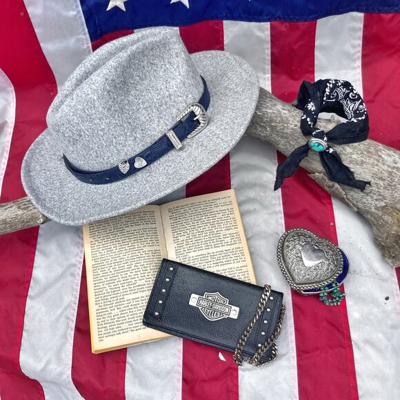 Gray Wool Fedora Western Hat | Reworked Belt Festival Boho Luxe Anthropologie main image 13